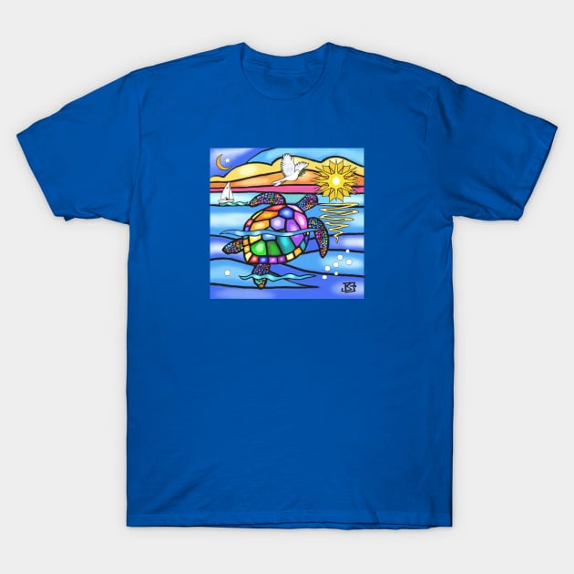 Stained Glass Style Sea Turtle Swims Toward Home T-Shirt by Dogs Galore and More